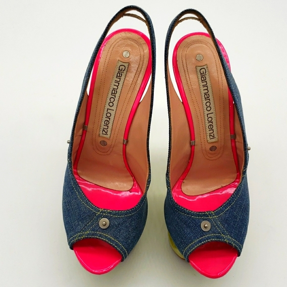 GIANMARCO LORENZI SIZE 39 COLOR BLUE JEANS MATIREAL HOT PINK AND LIME GREEN - Picture 12 of 12